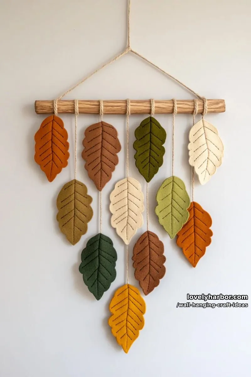 15 Artistic Wall Hanging Crafts to Upgrade Your Home 9 arrange felt leaves on a wooden dowel for an earthy boho wall accent. 1