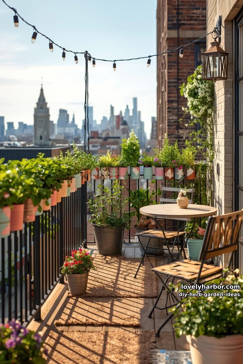 arrange painted tin cans on a balcony rail for a colorful herb display. 1