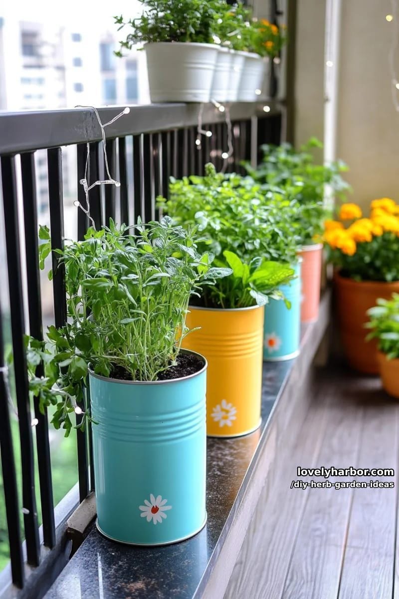 arrange painted tin cans on a balcony rail for a colorful herb display. 1