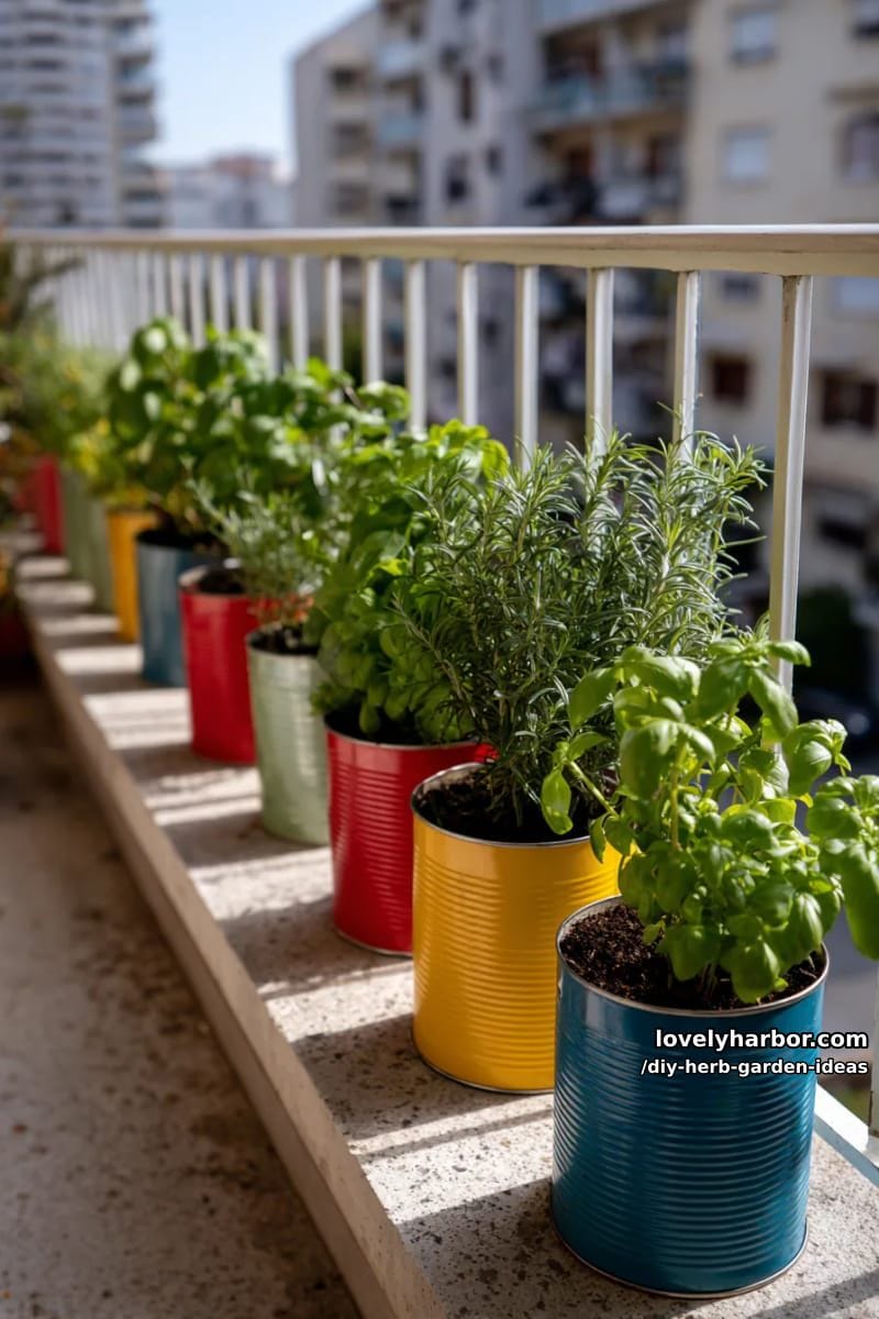 arrange painted tin cans on a balcony rail for a colorful herb display. 1