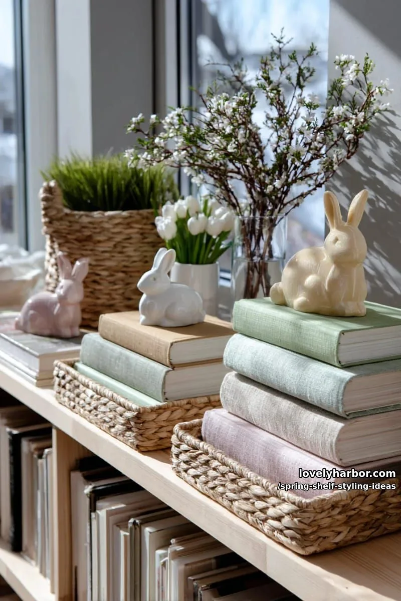 arrange woven trays, linen-bound books, and pastel bunny figurines for easter vibes. 1