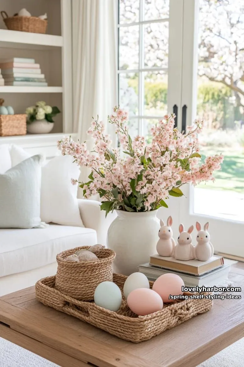 arrange woven trays, linen-bound books, and pastel bunny figurines for easter vibes. 1