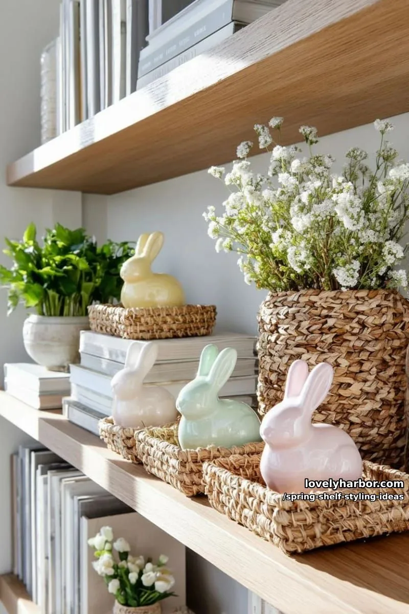 arrange woven trays, linen-bound books, and pastel bunny figurines for easter vibes. 1