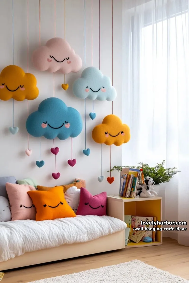 15 Artistic Wall Hanging Crafts to Upgrade Your Home 18 assemble a playful wall of smiling cartoon clouds and dangling hearts. 1