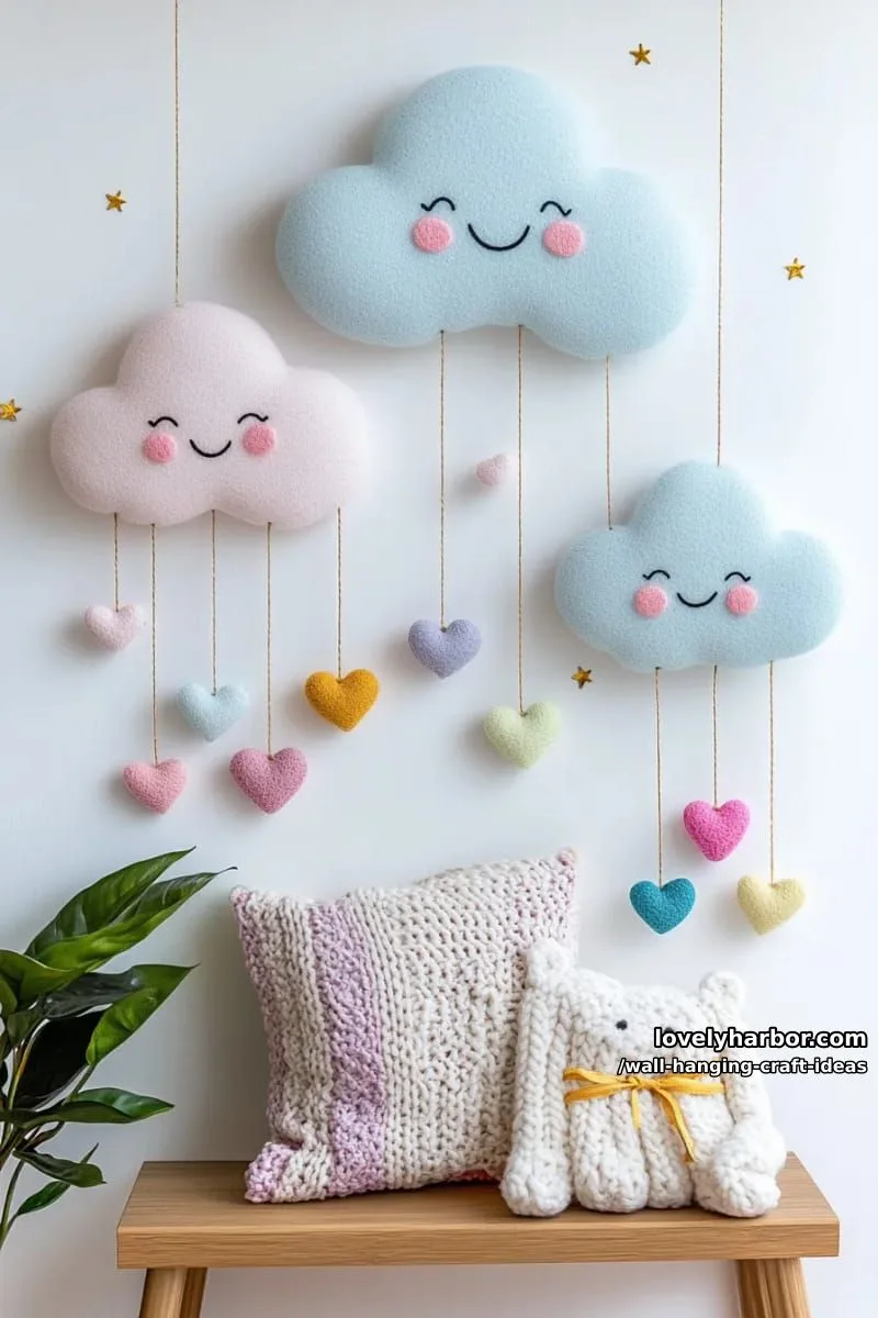 15 Artistic Wall Hanging Crafts to Upgrade Your Home 19 assemble a playful wall of smiling cartoon clouds and dangling hearts. 1