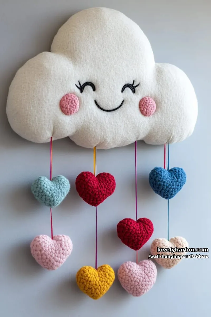 15 Artistic Wall Hanging Crafts to Upgrade Your Home 20 assemble a playful wall of smiling cartoon clouds and dangling hearts. 1