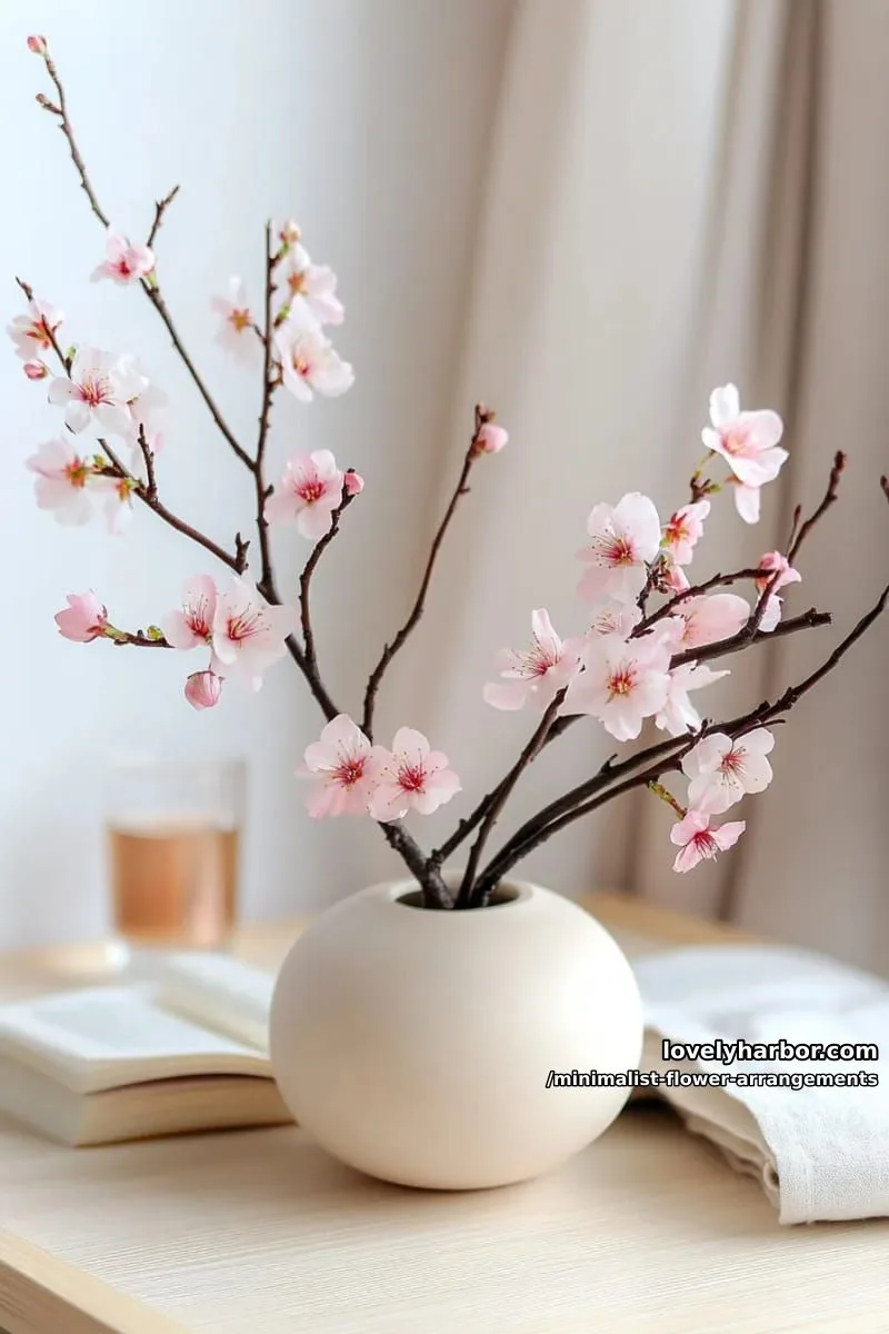 15 Chic Minimalist Flower Arrangements: Simple Designs with Huge Impact 5 asymmetrical cherry blossom branches in rounded white vessel 1
