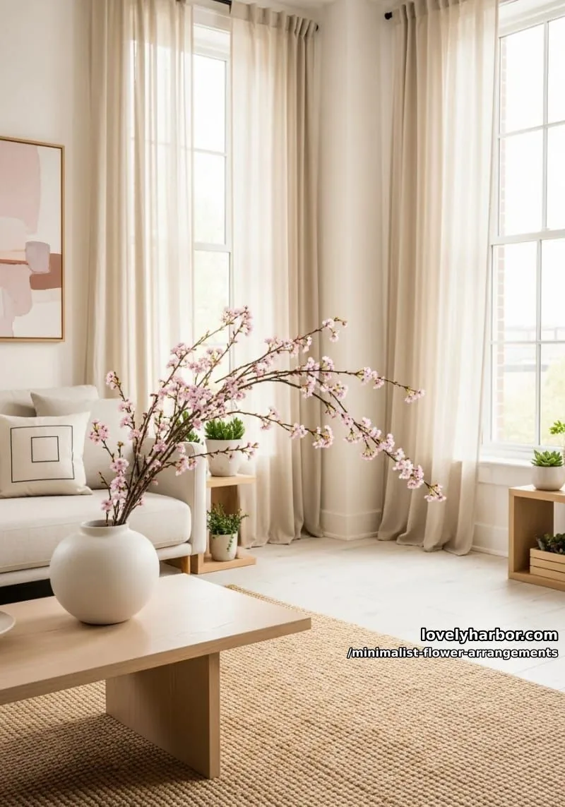 15 Chic Minimalist Flower Arrangements: Simple Designs with Huge Impact 6 asymmetrical cherry blossom branches in rounded white vessel 1