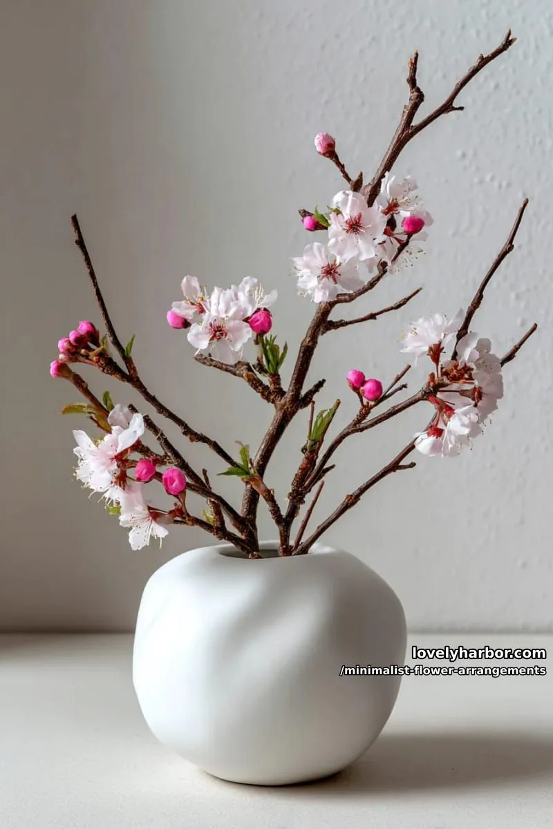 15 Chic Minimalist Flower Arrangements: Simple Designs with Huge Impact 7 asymmetrical cherry blossom branches in rounded white vessel 1