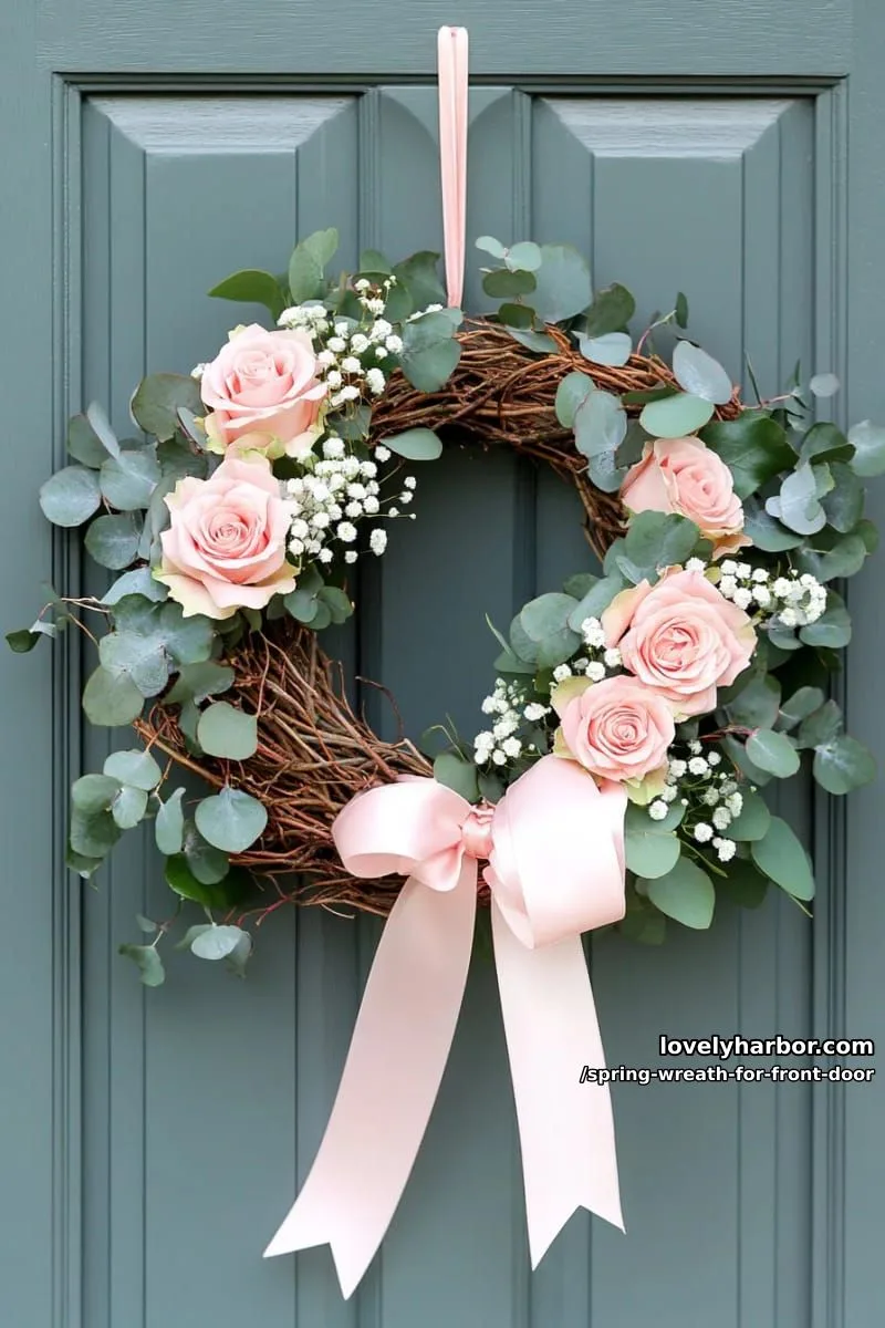 15 Unique Front Door Spring Wreaths for a Charming Entryway 2 asymmetrical grapevine wreath with pale pink roses and eucalyptus leaves 1