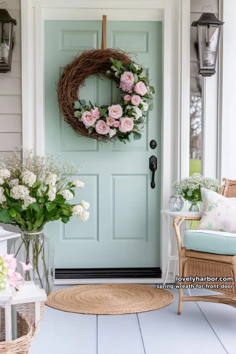 15 Unique Front Door Spring Wreaths for a Charming Entryway 3 asymmetrical grapevine wreath with pale pink roses and eucalyptus leaves 1