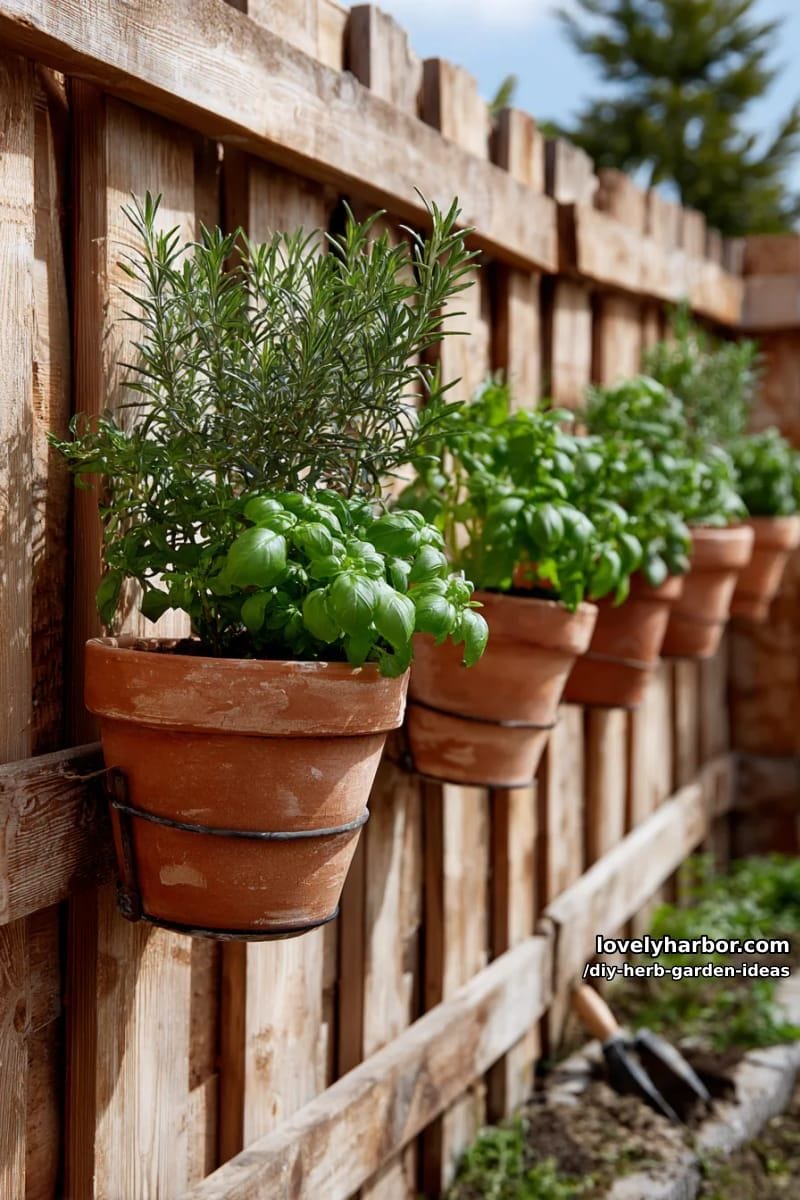 attach terra cotta pots to a wooden fence for a unique garden accent. 1