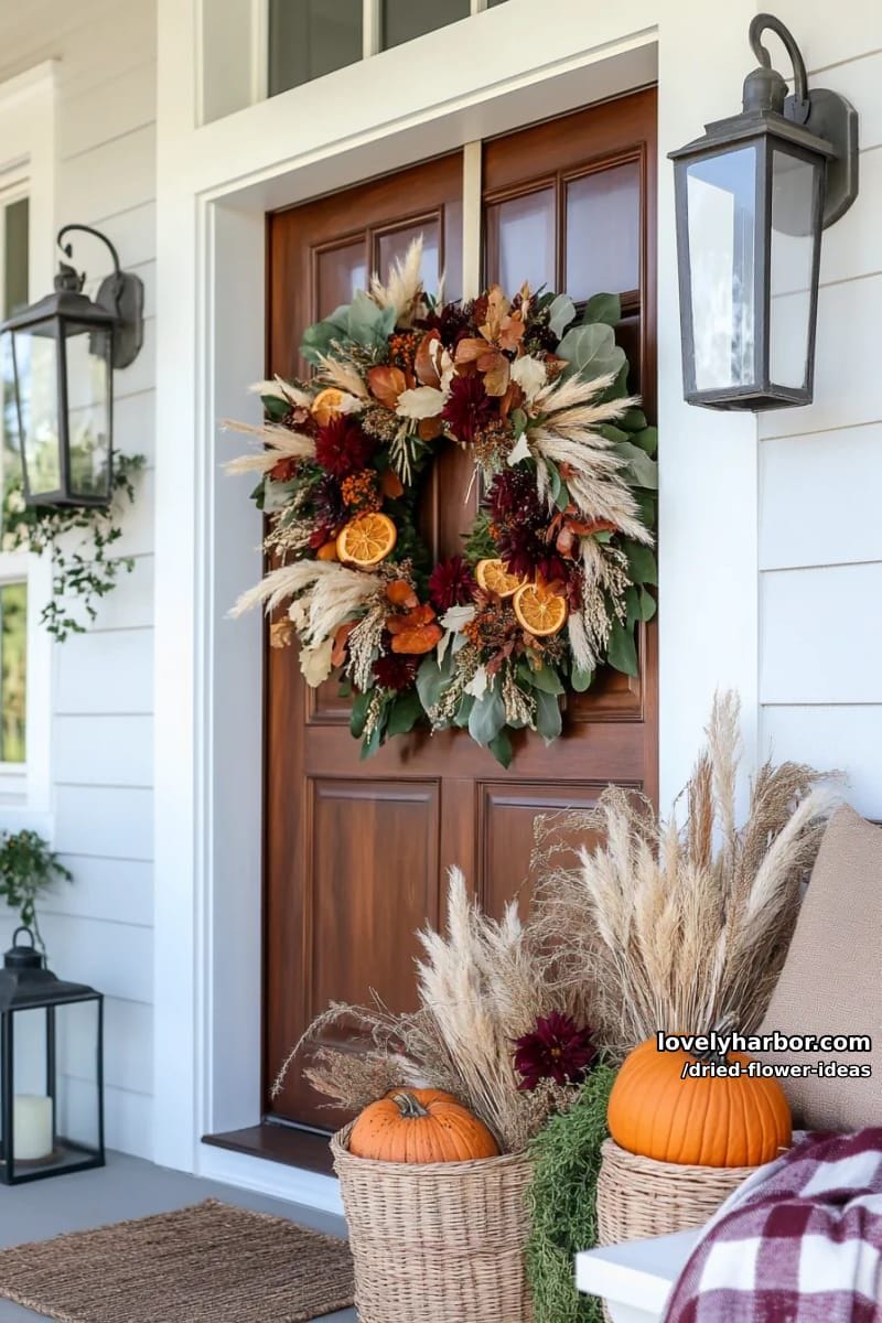 autumnal wreath with dried oranges, cinnamon sticks, and burgundy flowers 1