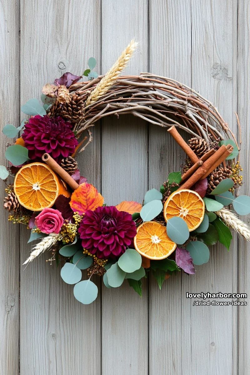 autumnal wreath with dried oranges, cinnamon sticks, and burgundy flowers 1