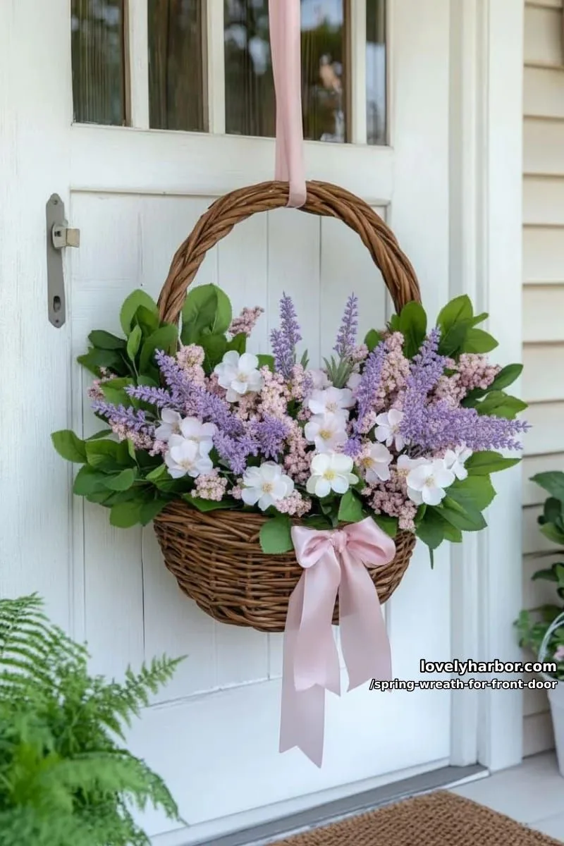 15 Unique Front Door Spring Wreaths for a Charming Entryway 16 basket-shaped wreath overflowing with faux lavender and cherry blossoms 1