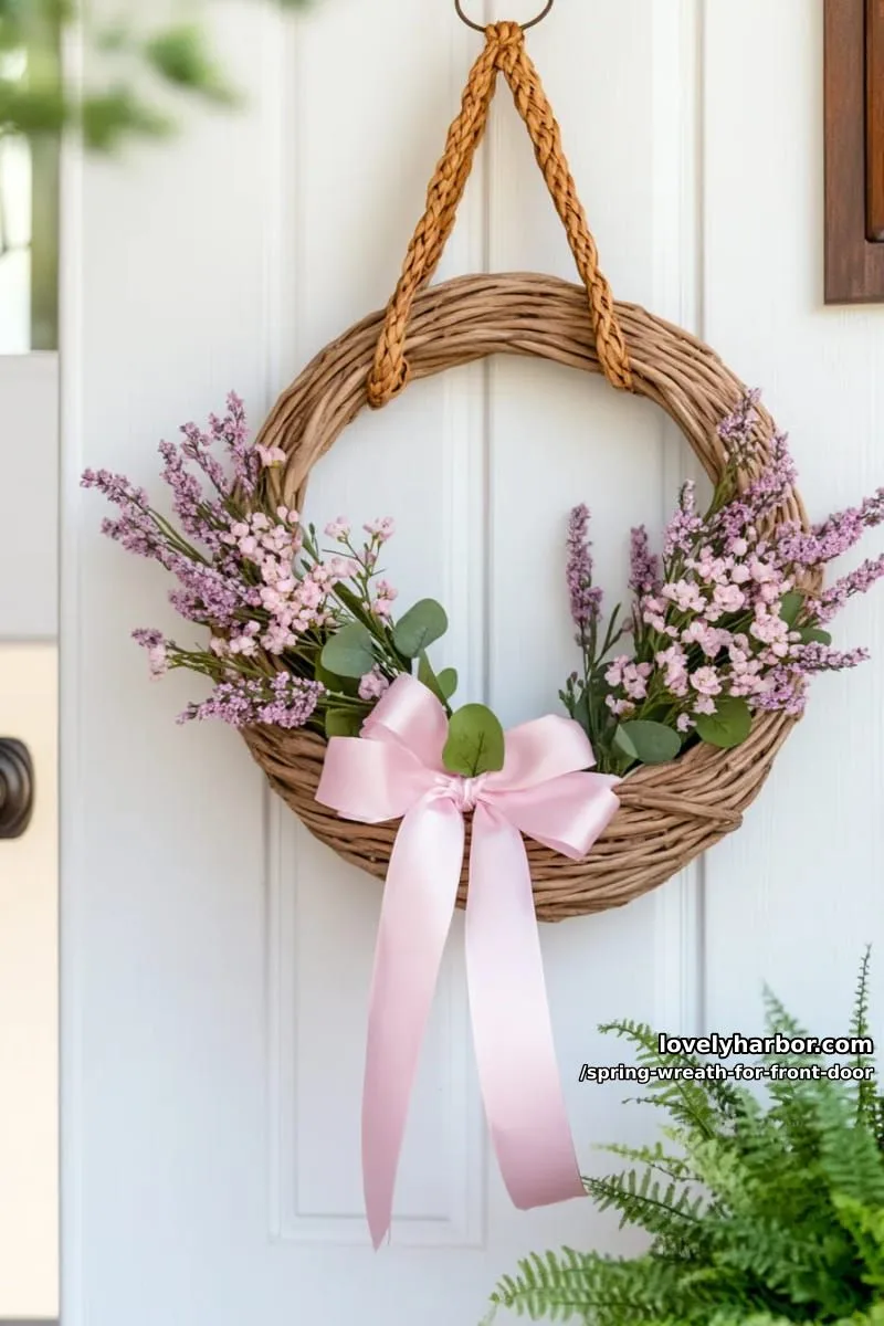 15 Unique Front Door Spring Wreaths for a Charming Entryway 17 basket-shaped wreath overflowing with faux lavender and cherry blossoms 1