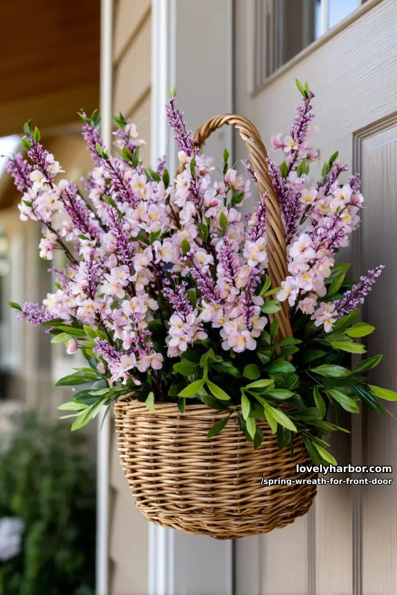 15 Unique Front Door Spring Wreaths for a Charming Entryway 18 basket-shaped wreath overflowing with faux lavender and cherry blossoms 1