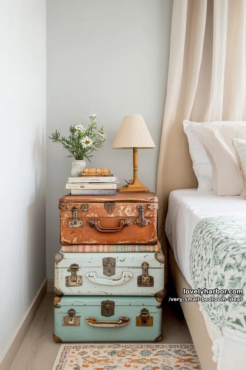 bedside table made from stacked vintage suitcases 1