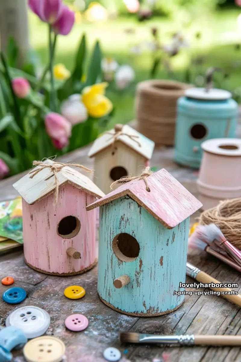 birdhouses made from leftover scrap wood and painted pastel 1
