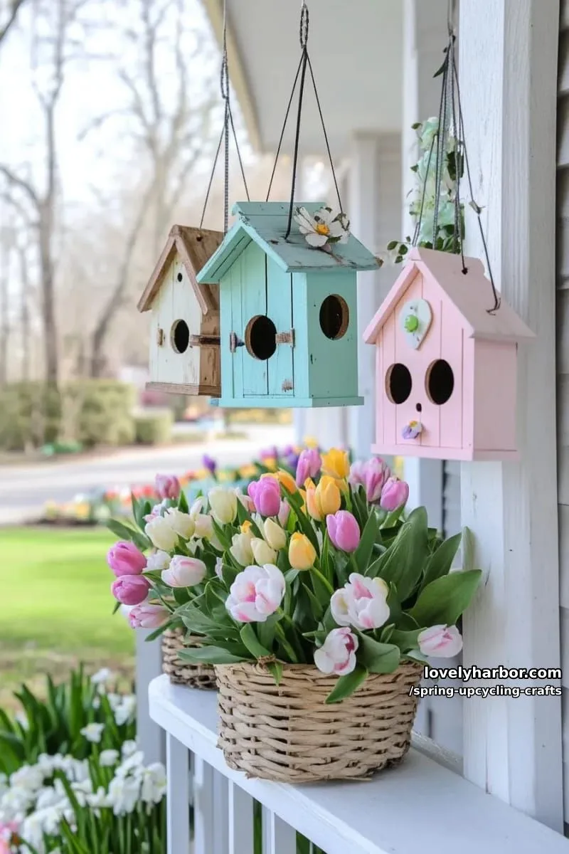 birdhouses made from leftover scrap wood and painted pastel 1