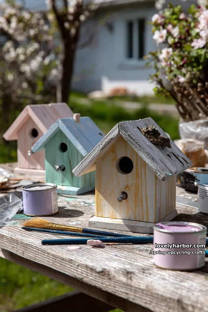 birdhouses made from leftover scrap wood and painted pastel 1