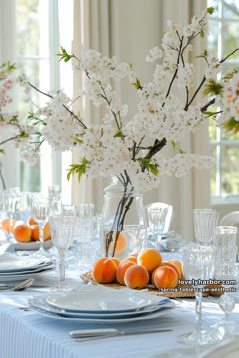 blue and white striped linens with peaches and flowering branches centerpiece 1