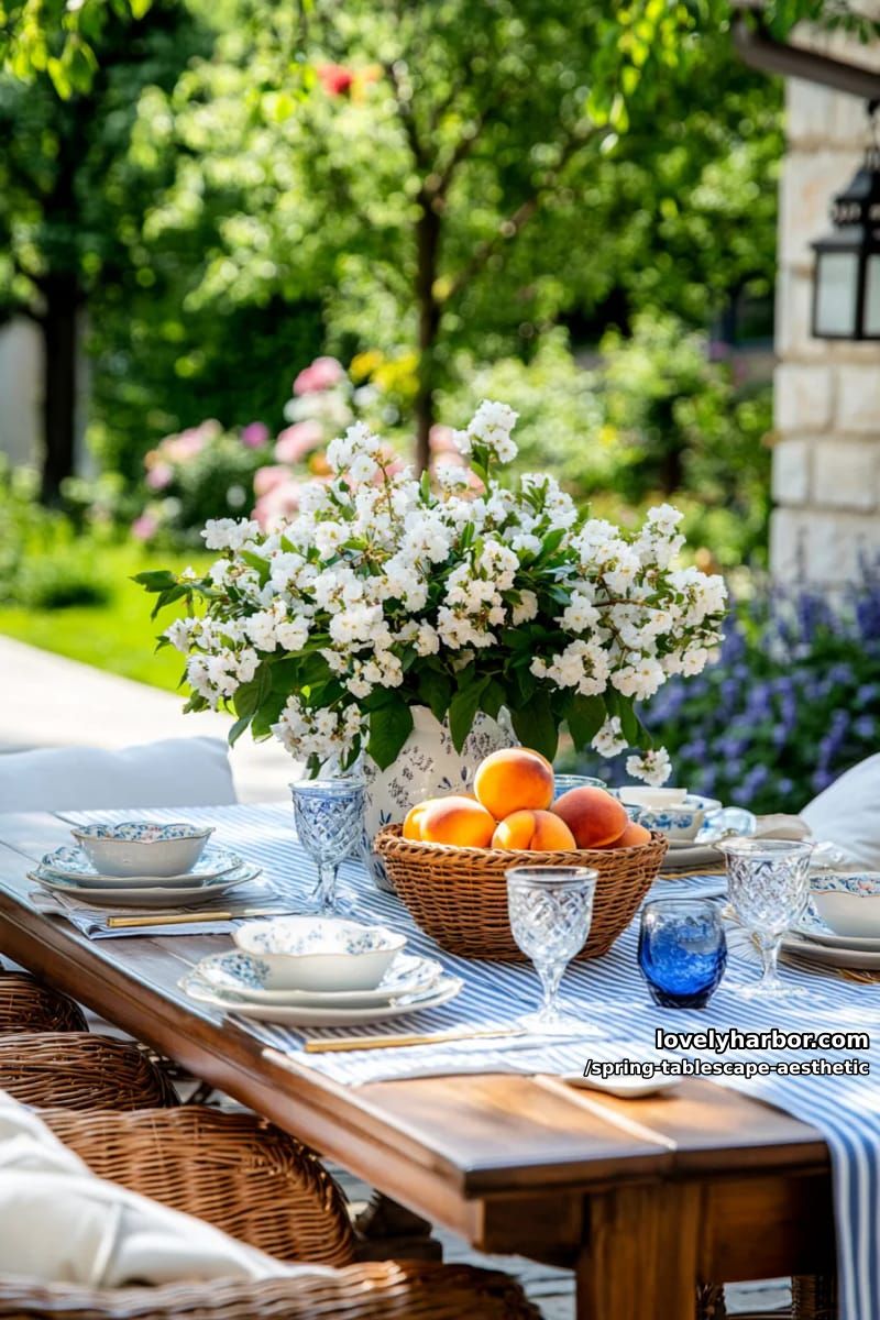 blue and white striped linens with peaches and flowering branches centerpiece 1