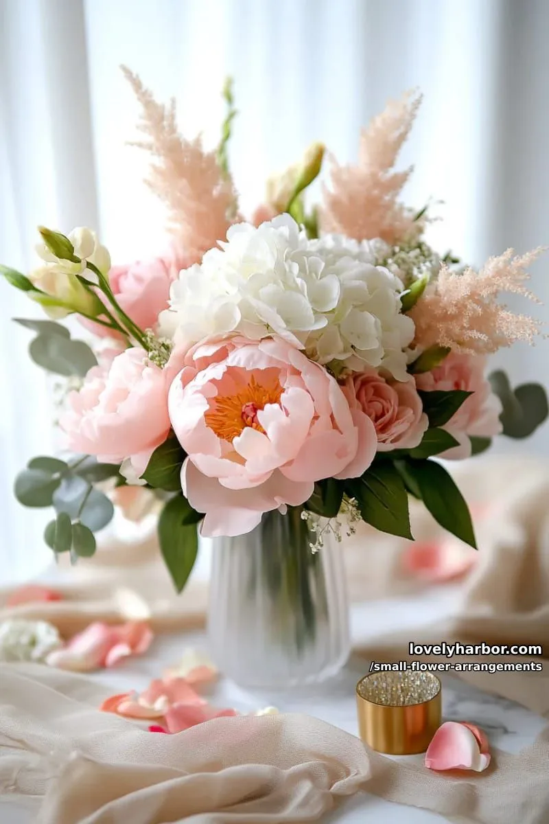 19 Classy Small Flower Arrangements to Cheer You Up in Spring 18 blush peonies and hydrangeas in a frosted bud vase 1