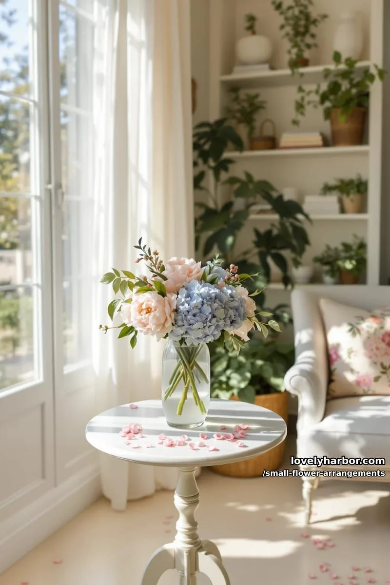 19 Classy Small Flower Arrangements to Cheer You Up in Spring 19 blush peonies and hydrangeas in a frosted bud vase 1