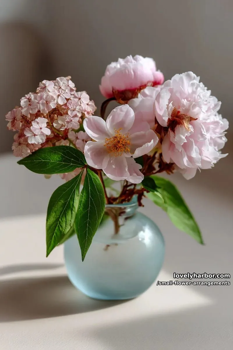 19 Classy Small Flower Arrangements to Cheer You Up in Spring 20 blush peonies and hydrangeas in a frosted bud vase 1