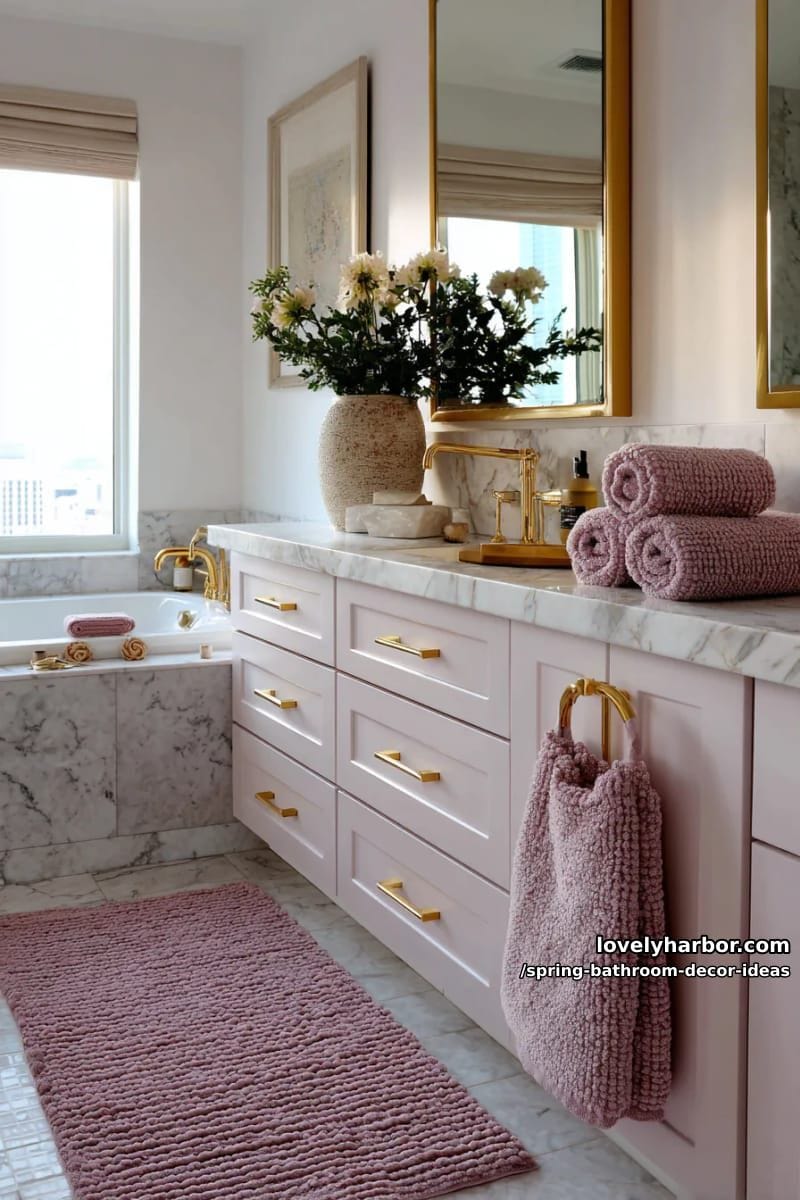 blush pink bath mats paired with gold faucet accents and white marble trays 1