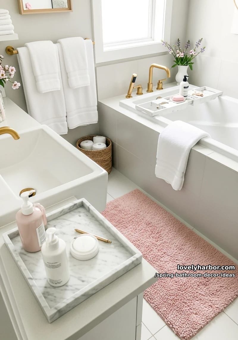blush pink bath mats paired with gold faucet accents and white marble trays 1