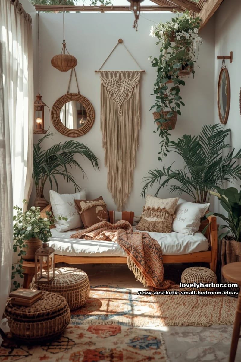boho-chic corner using low futon bed, lanterns, and woven poufs 1