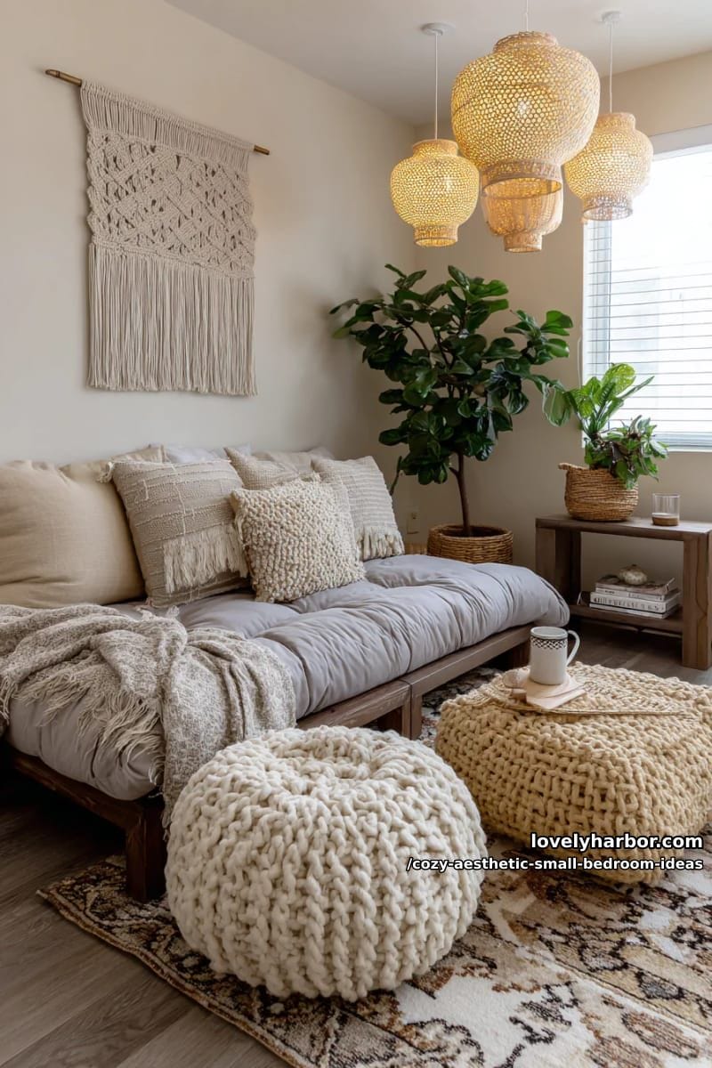 boho-chic corner using low futon bed, lanterns, and woven poufs 1
