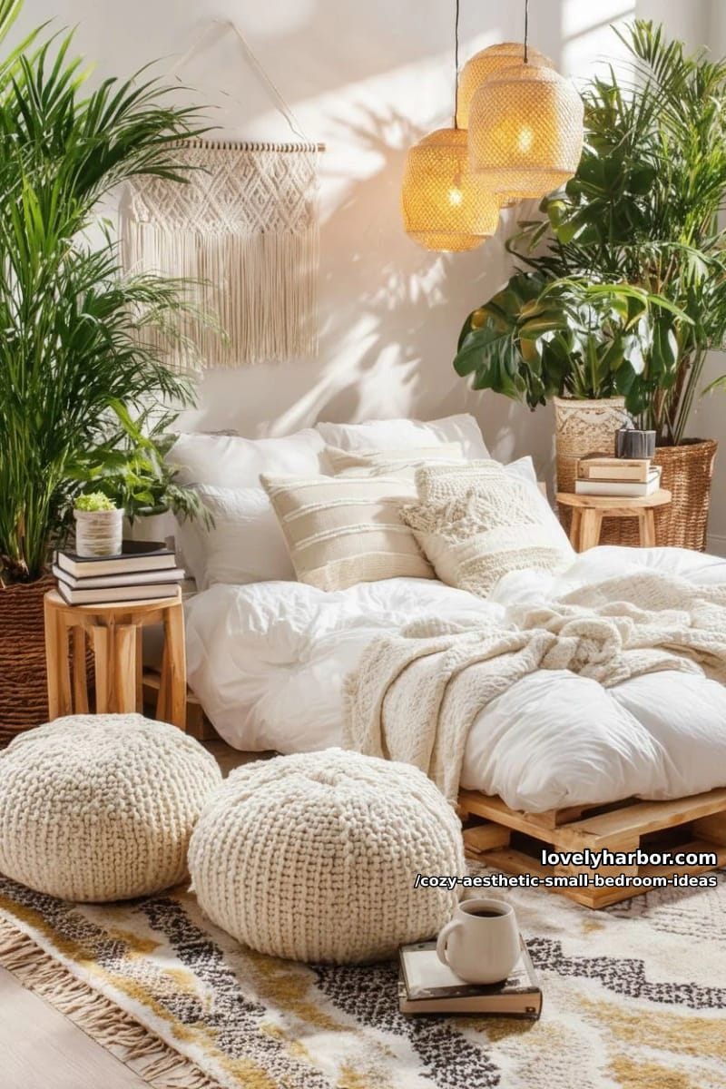 boho-chic corner using low futon bed, lanterns, and woven poufs 1