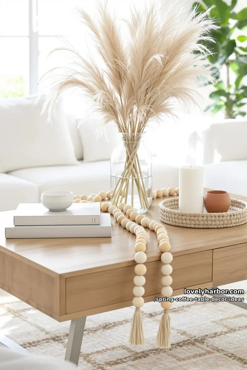 boho coffee table decorated with pampas grass and beaded garlands 1