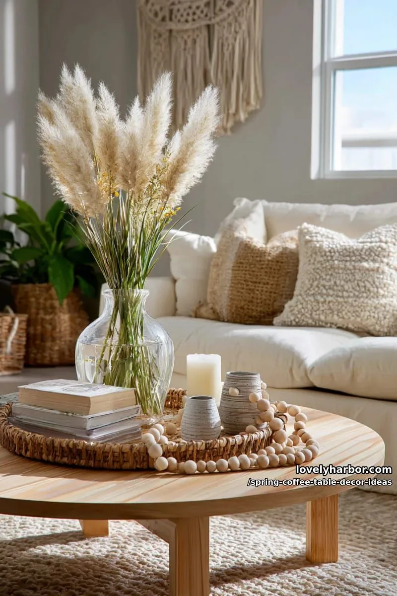 boho coffee table decorated with pampas grass and beaded garlands 1