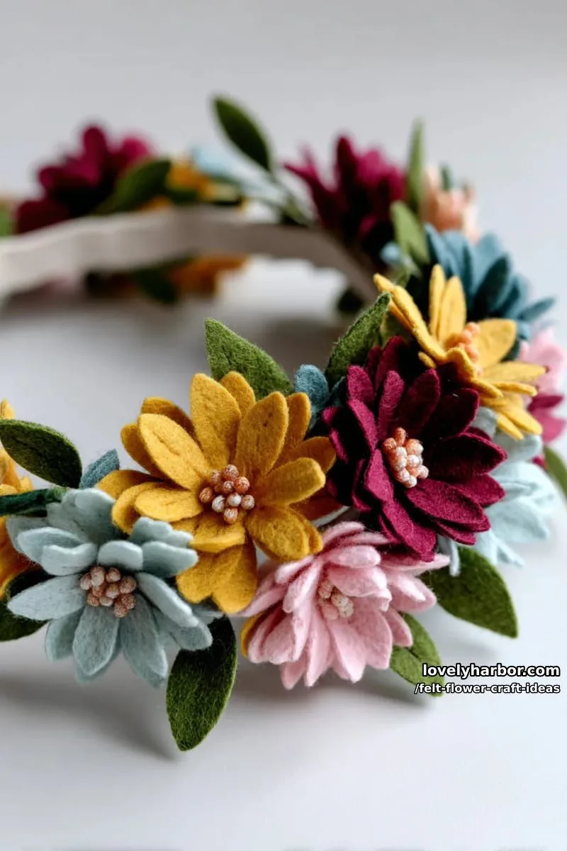 boho felt flower crown with wildflower shapes and mixed colors 1