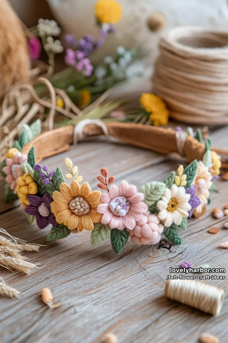 boho felt flower crown with wildflower shapes and mixed colors 16