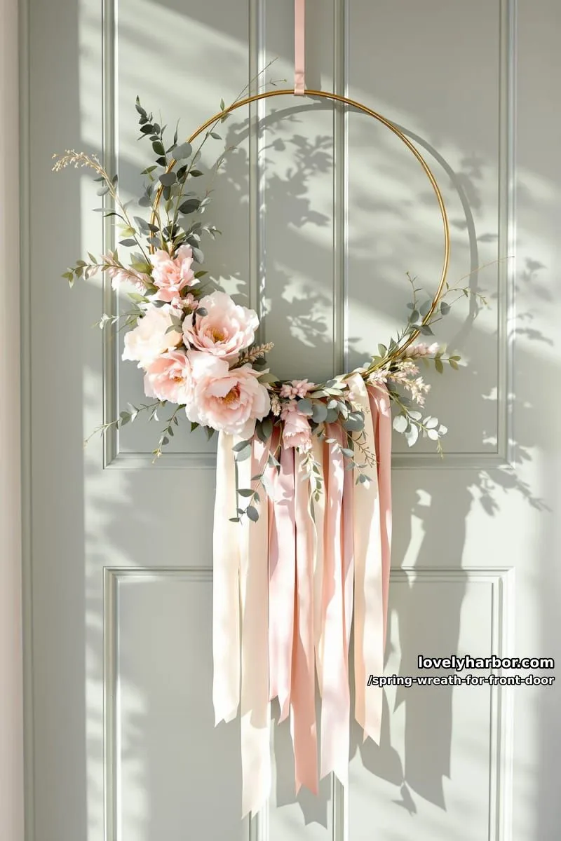 15 Unique Front Door Spring Wreaths for a Charming Entryway 30 boho hoop wreath with dangling silk ribbons and blush anemones 1