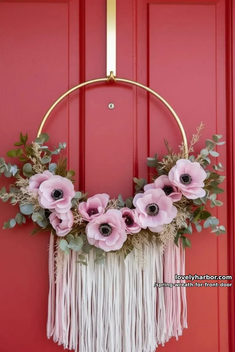 15 Unique Front Door Spring Wreaths for a Charming Entryway 31 boho hoop wreath with dangling silk ribbons and blush anemones 1