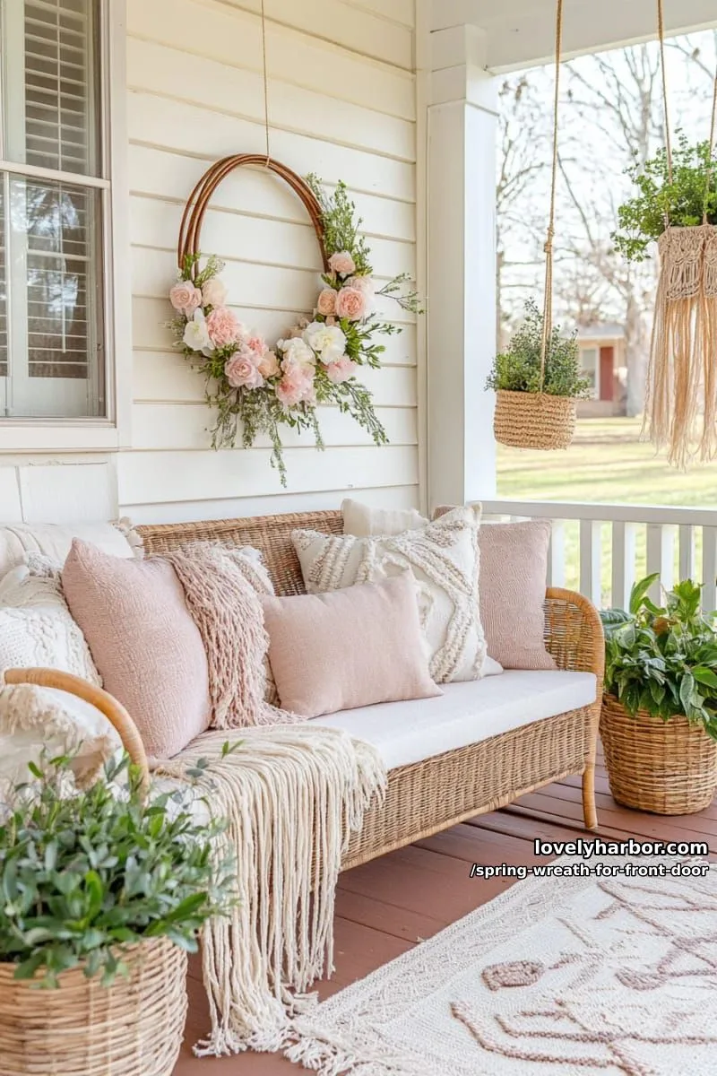 15 Unique Front Door Spring Wreaths for a Charming Entryway 32 boho hoop wreath with dangling silk ribbons and blush anemones 1