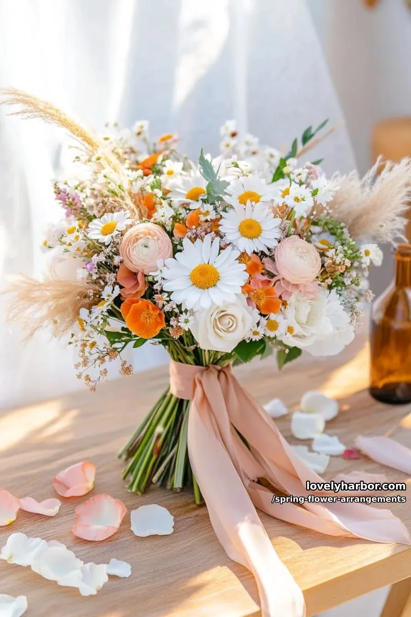 15 Spring Flower Arrangements That Will Warm Your Heart 19 boho-inspired wild flower bouquet tied with silk ribbons and feathers 1