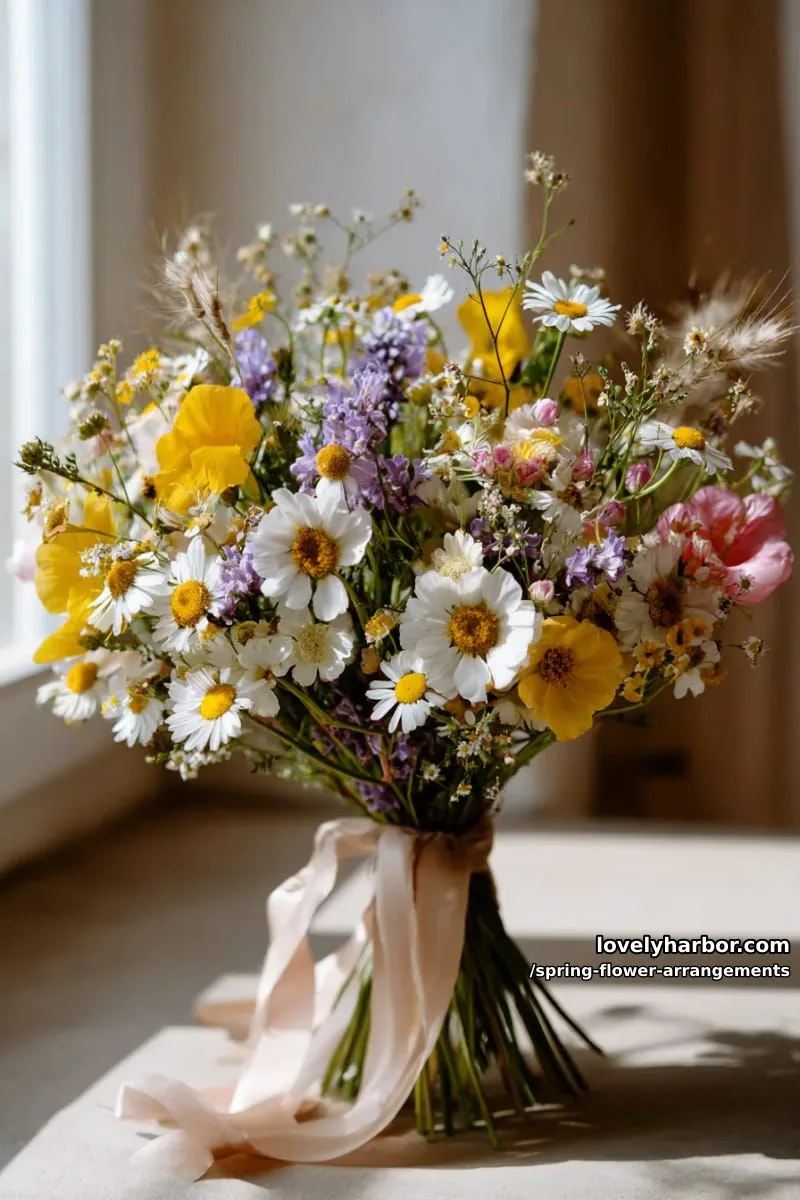 15 Spring Flower Arrangements That Will Warm Your Heart 20 boho-inspired wild flower bouquet tied with silk ribbons and feathers 1