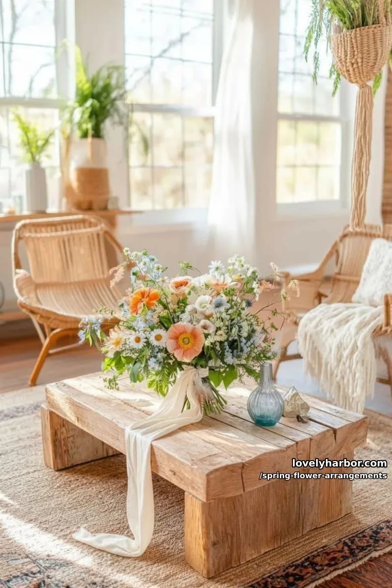 15 Spring Flower Arrangements That Will Warm Your Heart 21 boho-inspired wild flower bouquet tied with silk ribbons and feathers 1