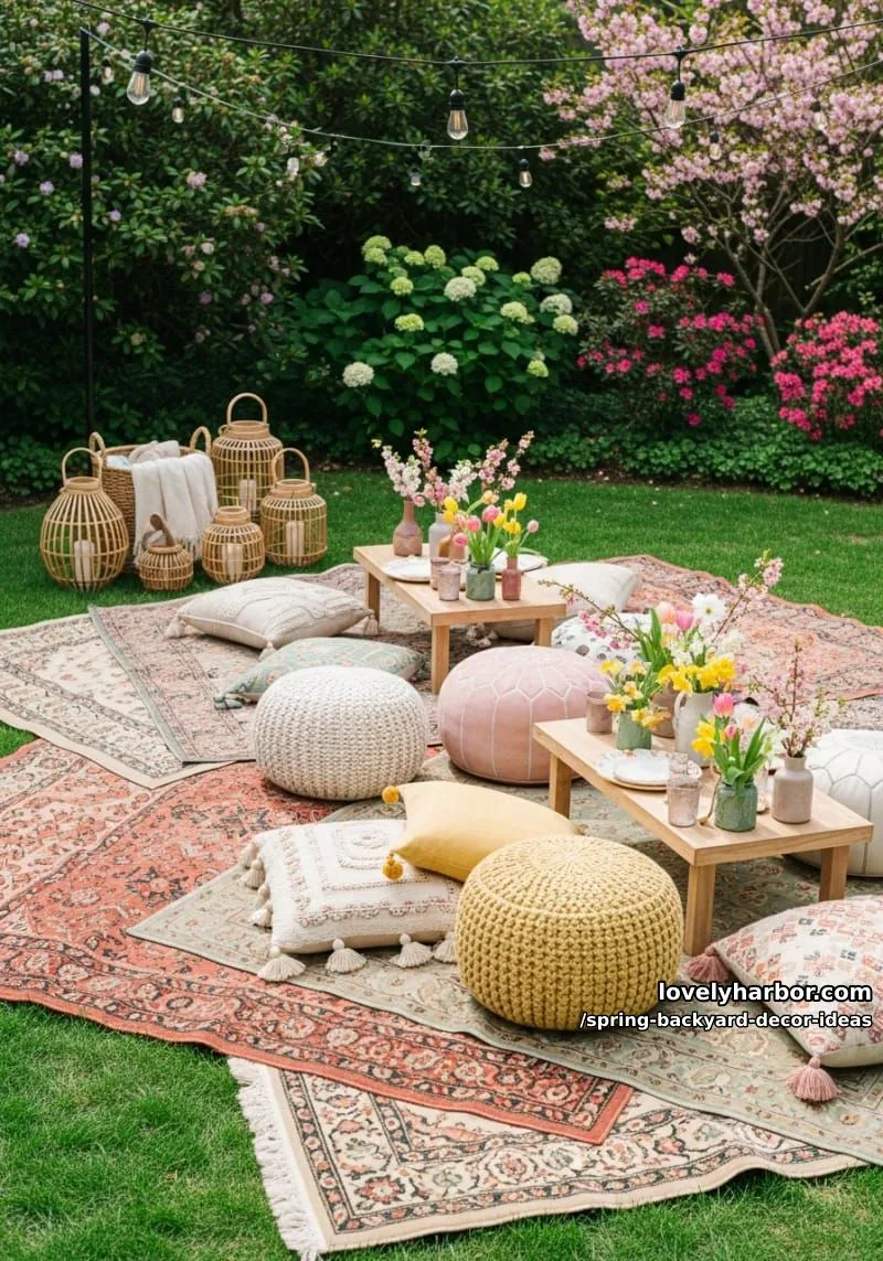 15 Spring Backyard Decor Ideas for Effortless Charm 4 boho picnic corners with layered rugs, poufs, and flower-filled low tables 1