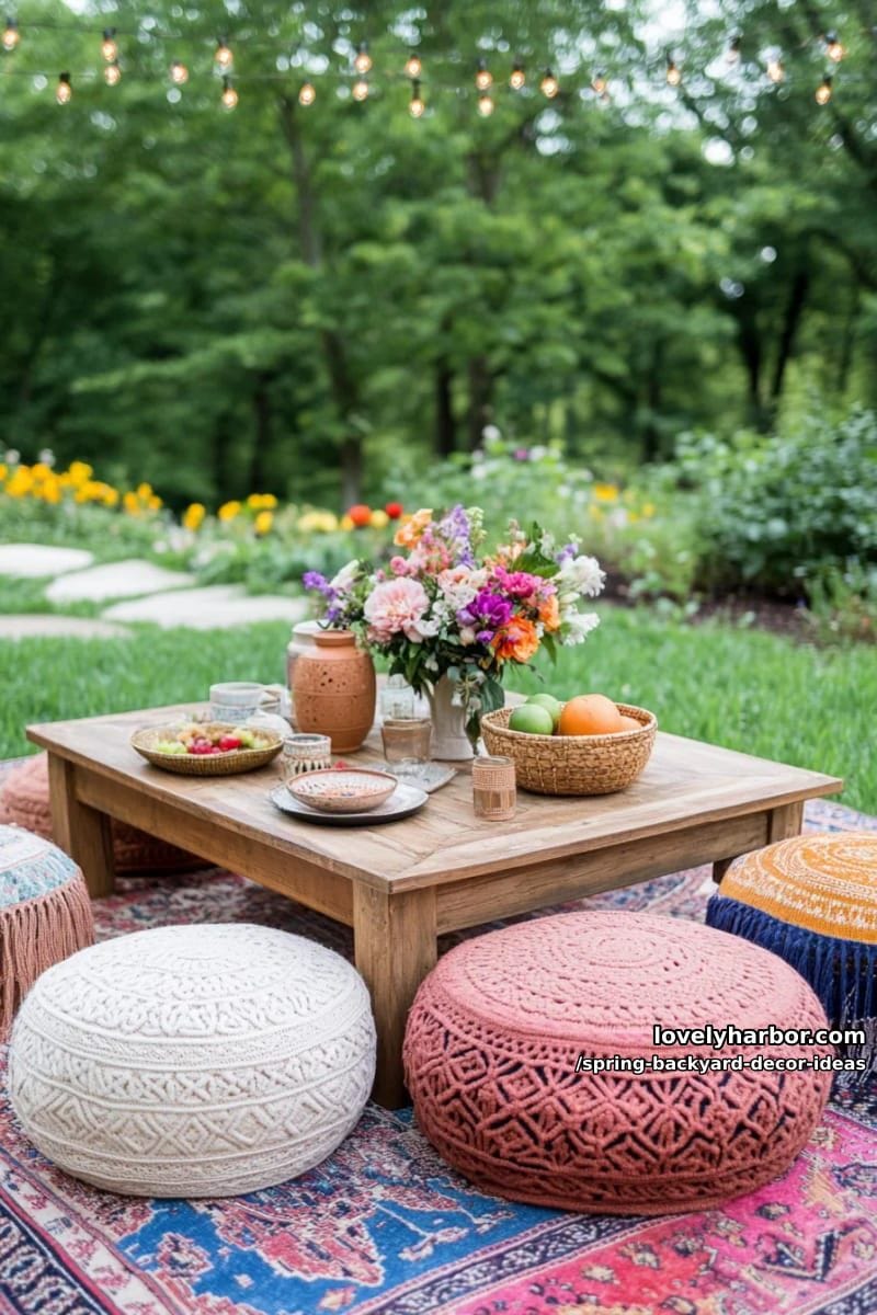 boho picnic corners with layered rugs, poufs, and flower-filled low tables 1