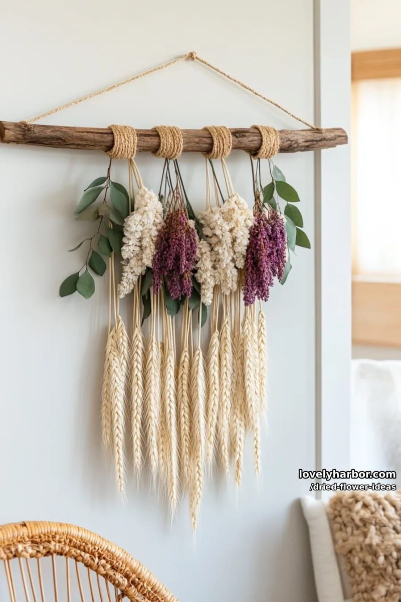 boho wall hanging with layered dried flower and wheat arrangements 1