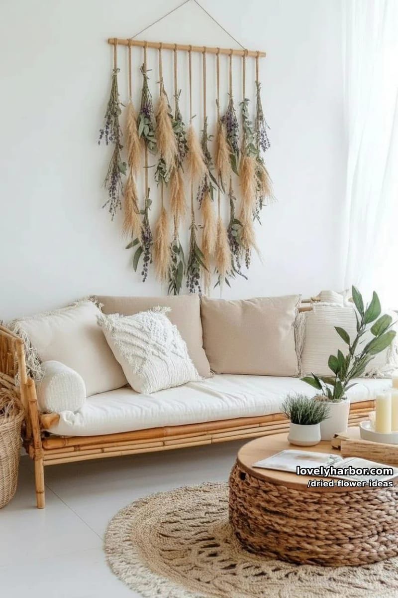 boho wall hanging with layered dried flower and wheat arrangements 1