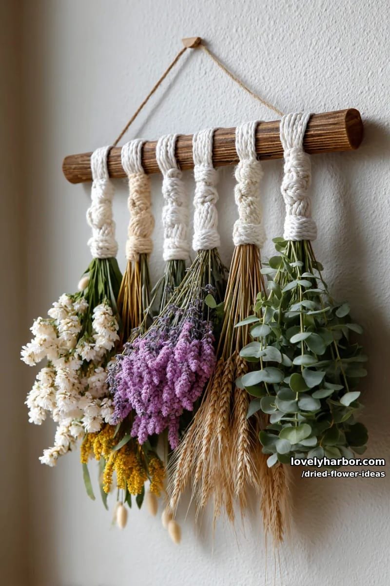 boho wall hanging with layered dried flower and wheat arrangements 1